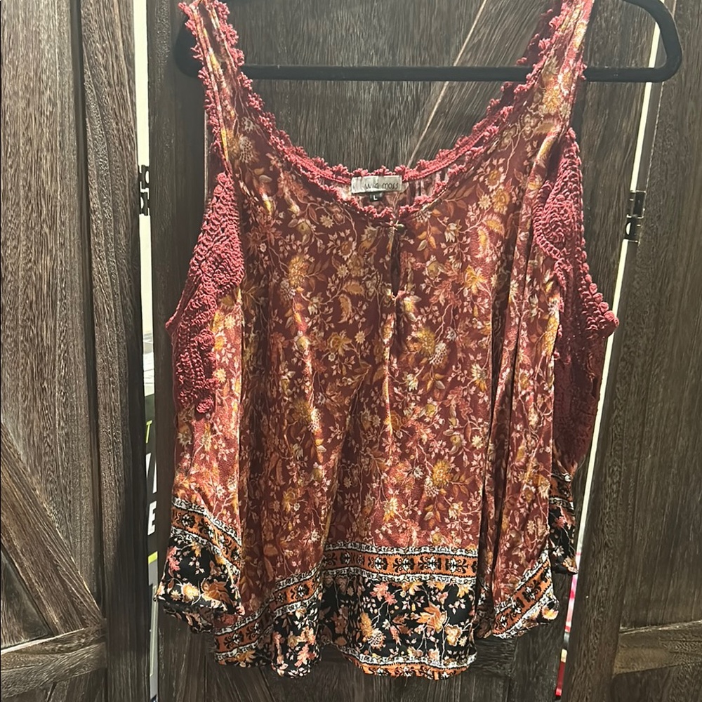 Floral Bohemian Top in Red and Black.  Pair with Jeans and Boots.